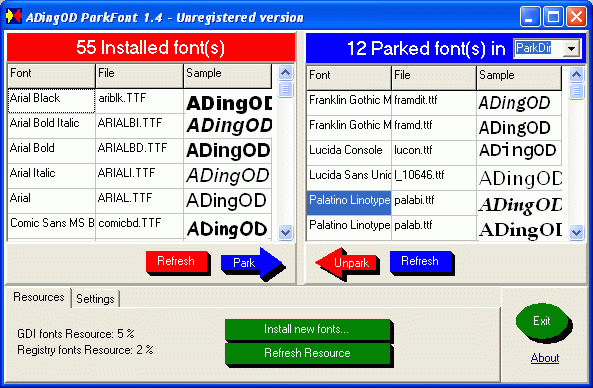 ADingOD ParkFont - The program allow you to park unused fonts.